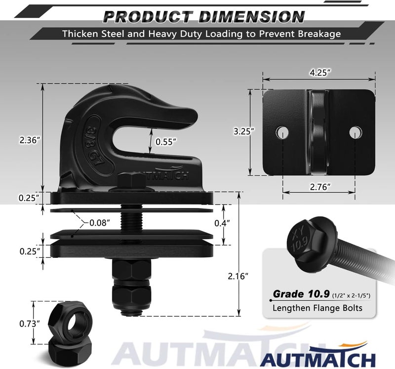 AUTMATCH Tractor Bucket Grab Hook 3/8" (2 Pack) - Bolt On Grab Hook Tow Hook Mount with Backer Plate and Rubber Pads, Grade 70 Forged Steel Max 18,000Lbs Work for Loader, Tractor Bucket, Truck, Black - Image 4